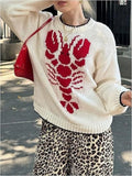 MQTIME  -  Elegant Lady Loose Commute Jumper Fashion Pattern Printed Knitted Pullovers Autumn Winter New O-neck Long Sleeve Crochet Sweater