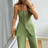 MQTIME  -  2024 One Shoulder Button Blouse Tops&Straight Trouser Two Piece Office Suit Fashion Cocktail Beautiful Outfit Women Solid Set