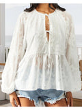 MQTIME  -  Elegant Women s Embroidered Blouse with Floral Detailing Stylish Casual Tie-Front Top with Loose Fit and Long Sleeves