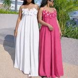 MQTIME  -  Women's Summer Sleeveless Straps Boho Dress Sexy Strapless 3D Flower Loose Maxi Dress Spring Hollow Loose A-Line Long Dress