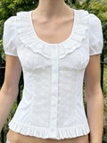MQTIME  -  Basic Summer Solid U Neck Short Sleeve Single Breasted American College Girls Slim Top Female