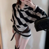 MQTIME  -  2025 Spring New Streetwear Strapless Contrast Color Striped Loose Sweater Women + High Waist Casual Knit Shorts Two-piece Suit