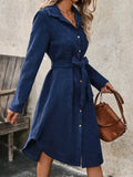MQTIME  -  New Solid With Belt Corduroy Long Sleeve Winter Dress Office Party Button Open Mid-Length Skirt Elegant Autumn Women's Clothing