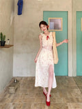 MQTIME  -  Lace patchwork V-neck sleeveless dress women in summer slim fit floral long dress split waist sweet and spicy hip hugging skirt
