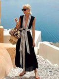 MQTIME  -  Printed Sexy Deep V-neck Backless Long Dress Women Sleeveless Belts Hollow Out O-neck A-line Dresses 2025 Summer Holiday Robe