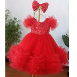 MQTIME  -  Customized Blush Flower Girl Dresses Tulle Flory Aplliques With Bow Short Sleeve For Wedding Birthday Prom Holy Communion Gowns