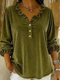 MQTIME  -  New Corduroy Solid Pullovers Elegant Lantern Long Sleeve Loose Tops Autumn New Simple V-neck Ruffles Commute Tops For Women