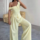  MQTIME  -  Summer Women's Fashion Irregular Slant Neck Sleeveless Style Solid Color Wide Leg Pants Set