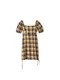 MQTIME  -   Women's Summer New Plaid Slim Dress Bubble Sleeve Square Neck Drawstring Wrap Hip Short Skirt