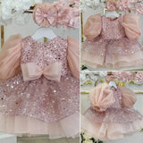 MQTIME  -  Pink Lovely Flower Girl Dresses for Wedding Bow Sequins Knee Length Child Birthday Party Bow First Communion Gowns