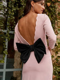 MQTIME  -  Elegant Backless Big Bow Midi Dress for Women Fashion Three Quarter Sleeve Split Dress 2024 New Spring Summer Slim Party Vestido