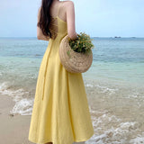 MQTIME  -  Yellow Elegant Slim Backless Pleated Slip Long Dresses Women High Waist Sleeveless Backless Sexy Birthday Party Dress Summer New