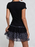MQTIME  -  Women Dot Print Summer Dress Slim Deep V Neck Short Sleeve A-line Mini Layered Ruffle Dresses