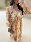 MQTIME  -  Elegant  Women's Print V-neck Long Dress Loose Long Sleeve Patchwork Party Dresses Female Fashion Summer Fall Robe
