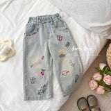 MQTIME  -  Summer Graffiti Babys Girl Jeans Korean Loose Embroidery Little Girl Denim Pants Elastic Waist Gradient Kids Girl Straight Pants