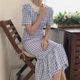 MQTIME  -   Korean Summmer Vintage Dress Elegant Ladies Lace Round Collar Short Sleeve High Waist Long Plaid Dresses Fashion Dress for Women