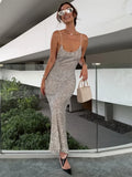  MQTIME  - Silvery Sequin Fashion Long Dress Women's Backless Slim High Waist Patchwork Elegant Party Dress Female Glitter Maxi Dress