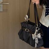  MQTIME  -  Retro Belt Buckle Polka Dot Tote Bag Large Capacity Pleated Handbag, Versatile Shoulder Crossbody Bag For Women Students Commute