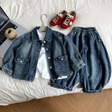  MQTIME  -  Set Spring and Summer New Childrens Clothing Korean Style Boys and Girls Cool Cool White Denim Two-piece Set Simple
