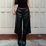  MQTIME  -  Women's Black Faux Leather Wide Leg Culotte Pants Low Waisted With Drawstring Punk Loose Fit Autumn Winter Streetwear Style Chic