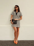 MQTIME  -  Loose Women Knitted Stripe Contrast Dress Polo Neck Casual Commuter Female Short Pullover Knit Dress Elegant Office Vestidos