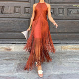 MQTIME  -  Elegant Tassel Splicing Solid Gowns Dress Women Fashion Hight Wasit Sleeveless Long Dress 2025 Sexy Backless Slim Evening Dress