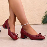 MQTIME  -  Elegant Ballet Wine Red Bowknot Medium Heel Pumps Women Summer Classic Square Toe Thick Heel Pumps Women Black Office Shoes