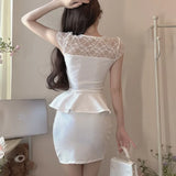 MQTIME  -  Celebrity Girl Sexy Dresses Fake Two Pieces Perspective Lace Splicing Short Sleeve Ruffle Edge Hip Wrap Dress Tide