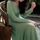 MQTIME  -  Women Striped Round Neck Long Sleeve Maxi Dress Slim Fit Spring Autumn New Korean Basic Flared Hem Fashion Casual Long Dresses