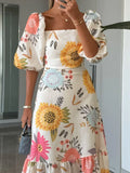 MQTIME  -  Elegant Square Neck Bubble Sleeve Long Dress Women Fashion Patterns Print Bohemian Dress Summer Casual Waist A-Line Party Dress