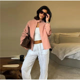 MQTIME  -  Street Suede Pink Women Jacket Fashion Long Sleeve Zipper Stand Collar Button Female Jackets Autumn New Lady Outwear