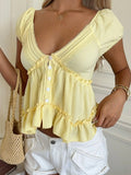MQTIME  -  Women Summer Vacation Cute Elegant Yellow Frill Ruffle Trim Single Breasted Shirt Blouse Top Ladies Beach Holiday Daily Wear