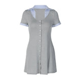  MQTIME  -  Women's 2026 New Autumn Fashion Cardigan Button Stitching Contrasting Color Short-sleeved Dress