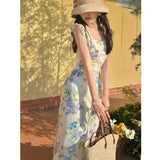 MQTIME  -  French Traditional U Neck Temperament Slim Printed Fairy Vacation Beach Style Long Dress