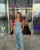 MQTIME  -  Fashion Sequins Denim Set Women Strapless Tunic Waist Crop Top and Wide Leg Pant Suit 2024 New 2 Piece Sets Outfits Tracksuit