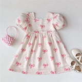 MQTIME  -  Bow Print Princess Dress Girls Puff Sleeved Dresses Summer New Casual Sweet Kids Clothes Bowknot Print Dress 2-8 Years Wear