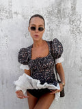 MQTIME  -  Summer Vintage Lace Print Dress Sexy High Waist Mini A Line Dresses For Woman Elegant Street Chic Puff Sleeve Holiday Dress