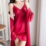  MQTIME  -  Sexy Fashion Lace Splicing Robe Outfits Elegant Women V-Neck Spaghetti Strap Nightdress Robe 2Pcs Set Summer Home Clothes