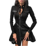 MQTIME  -  Women Long Sleeve Zipper Pocket Large Hem Faux Leather Lace Mini Dress Women's Clothing Elegant Fashion Party Dress vestidos