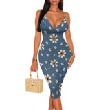MQTIME  -  Women's Spaghetti Strap Sexy Bodycon Floral Print Midi Dress Deep V-Neck Sleeveless Cocktail Party Club Guest Dresses