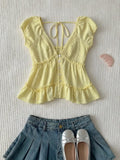 MQTIME  -  Women Summer Vacation Cute Elegant Yellow Frill Ruffle Trim Single Breasted Shirt Blouse Top Ladies Beach Holiday Daily Wear