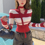 MQTIME  -  Sweet Hot Girl Retro Contrasting Striped V-neck Sweater Women's Autumn Long-sleeved Slim-fit Knitted Pullover Female Clothes