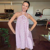 MQTIME  -  Loose Striped Halter Short Dress Women Chic Lace Up Sleeveless Backless A-line Beach Dresses  2025 Summer Lady Holiday Robes