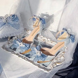 MQTIME  -  Women's Pointed Toe Stiletto Heels Silver Blue Glitter Lolita Shoes Handmade Lace Bow Party Dress Pumps