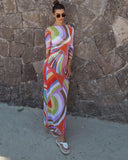 MQTIME  -  Colorful Stripe Maxi Dress Women Chic Off Shoulder Long Sleeve Tulle See Through Slim Dresses Summer Lady Vacation Robes