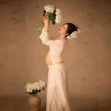MQTIME  -  Women Photography Props Maternity White Elegant Pregant Split Top with Skirt Pregnancy Dresses Studio Photo Shoot Photo Clothes