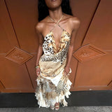 MQTIME  -  Vintage Leopard Print Long Dress Women Spaghetti Strap Halter High Waist Ruffle A-Line Dresses Summer Beach Vacation Formal Gown
