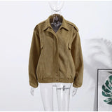  MQTIME  -  Retro Solid Suede Bomber Jacket Women Street Lapel Single Breasted Full Sleeves Zipper Pockets Coat Female Autumn Casual Outwear