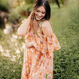 MQTIME  -  Fall Outfits 2024 Bohemian Photo Shooting Pregnancy Dress Printed Chiffon Off Shoulder Two-Piece Dress Maternity Dresses For Baby Showers