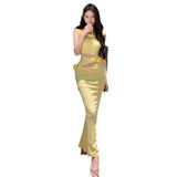 MQTIME  -  Women Yellow Sexy Club Backless Vacation Slip Dress 2024 Summer New Retro Flower Hollow Out Wrap Hip Fishtail Long Dresses Trend